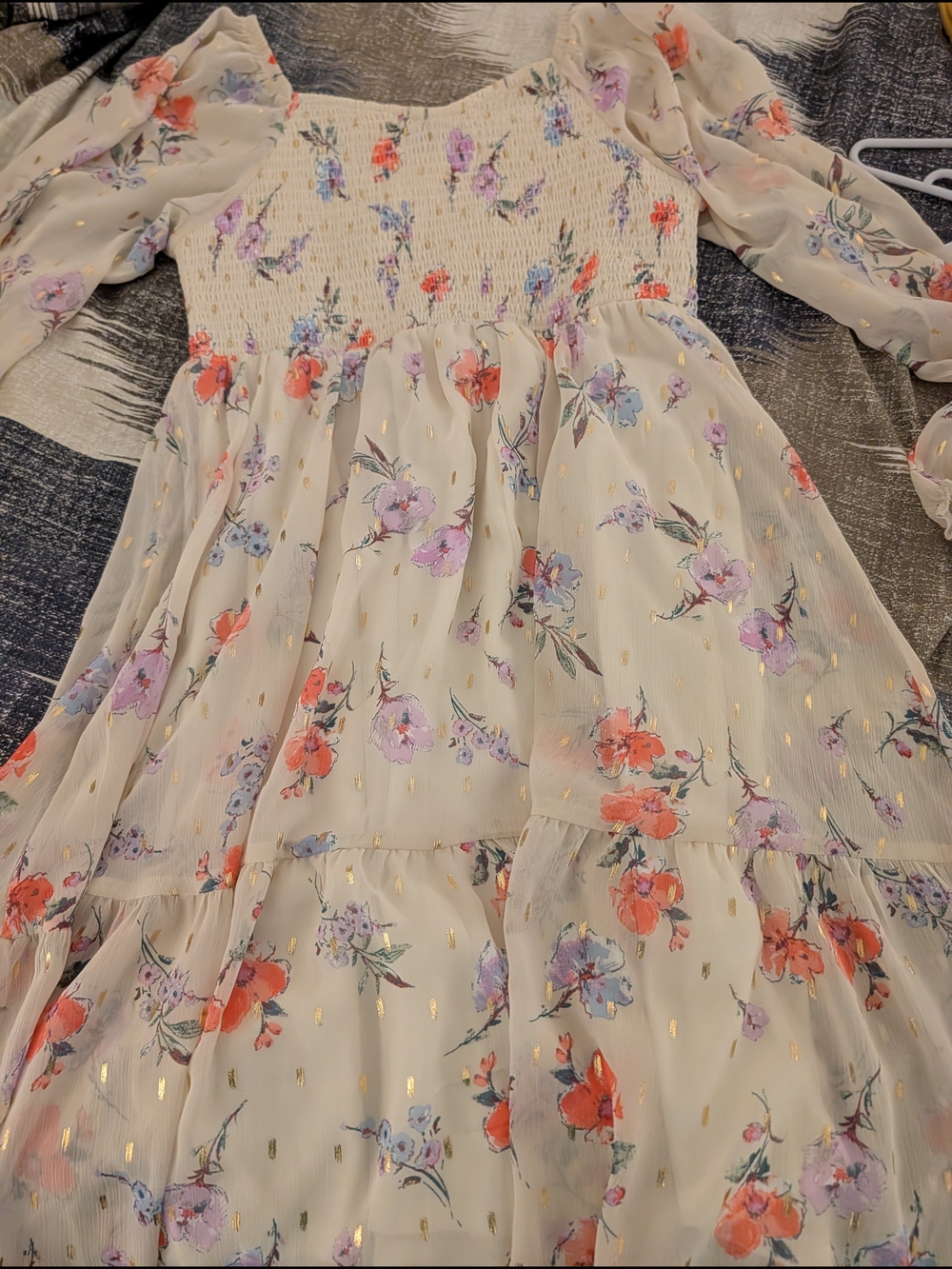 Zunie Cream Floral Chiffon Dress with Coral and Lavender Flowers